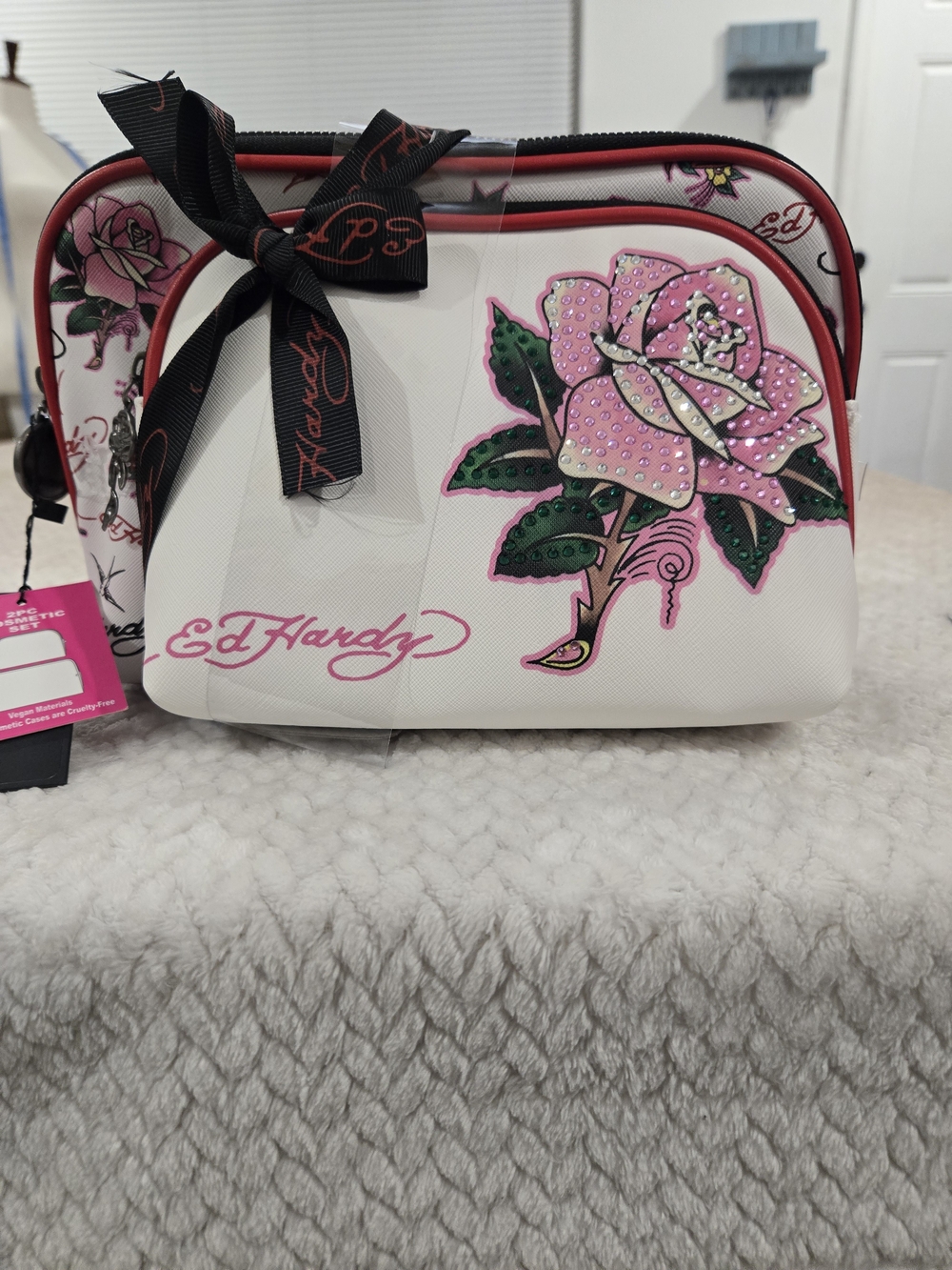 Ed Hardy White & Pink Floral Rhinestone Cosmetic Pouch. Travel Y2K NEW